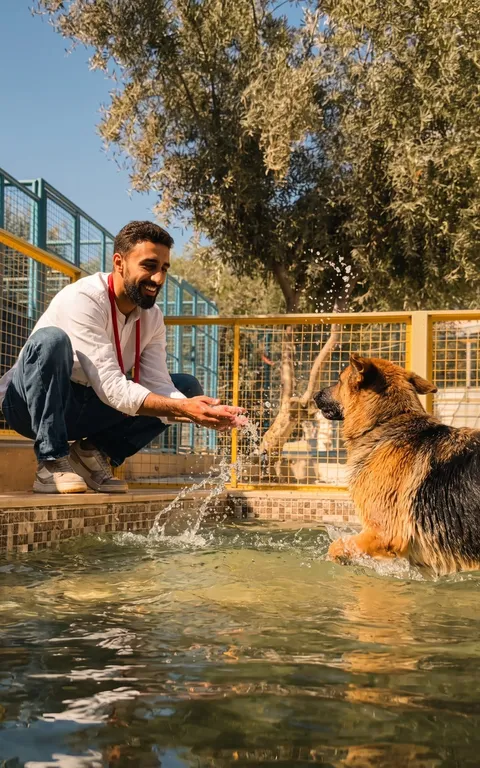 A handler crouching at the poolside splashing water for a German shepherd standing in the shallow end